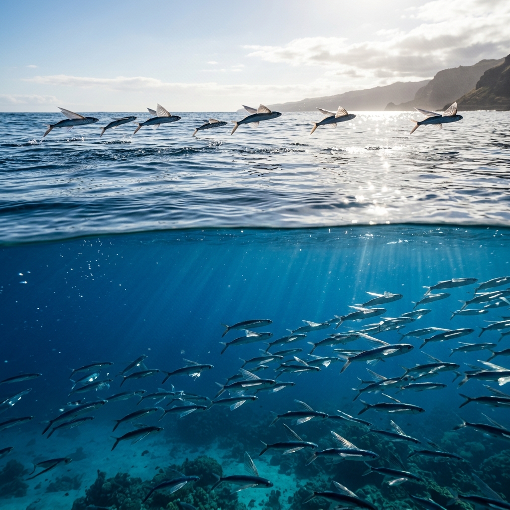 School of flying fish framing the center